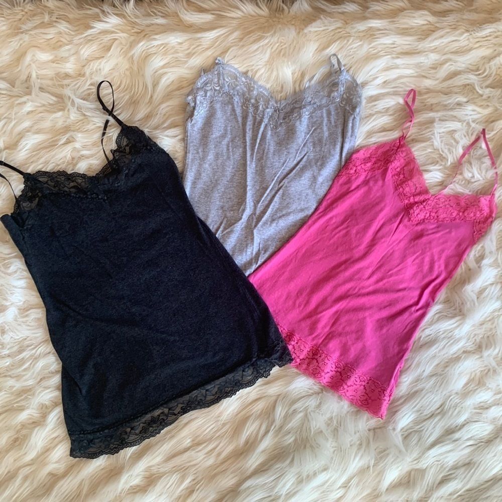 Set of 3 camisole tank tops. Grays are Medium. Pink is XS